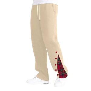 Pantalon de jogging kaki homme en coton épais avec patchwork à carreaux rouge et vert