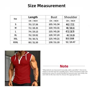 Detailed size chart for men's hooded tank top showing length, bust, and shoulder measurements