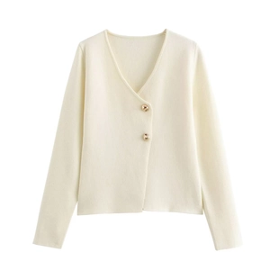 Minimalistisch beige gebreid vest voor dames met gouden knopen en elegante V-hals