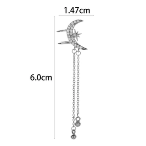 Detail shot of silver moon star ear cuff with zircon tassels measuring 6.0cm in length