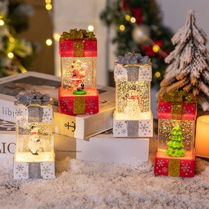 Christmas Gift Box Snow Globe LED Lighted Water Lantern Santa Claus Snowman Sparkle Glitter Festive Ornament Home Decor