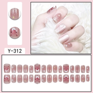 Christmas reindeer press-on nails set Y-312 with pink cat eye glitter and festive art