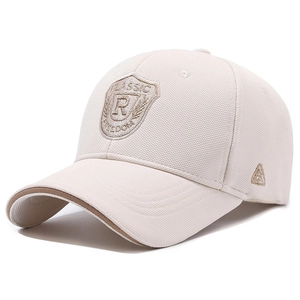 Beige men's baseball cap with shield embroidery and brown brim detailing for sports