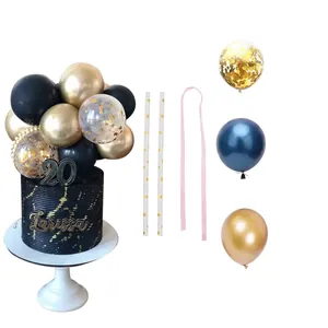 Gold confetti balloon cake topper set with blue and metallic gold balloons for DIY decor