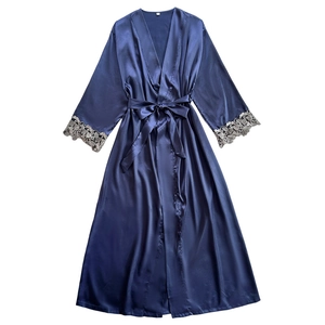 Dark blue satin silk bathrobe for women with v-neck and floral lace cuffs