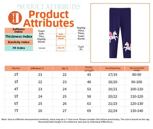 Size chart for girls leggings showing measurements for ages 2T to 7T with elastic fit data