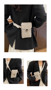 Detailed view of beige crossbody chest bag with dense silver cone studs and adjustable strap