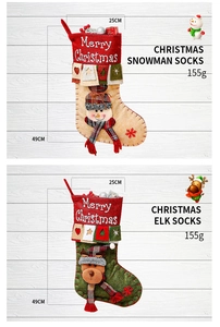 Detail of 3D snowman and reindeer pattern on plush Christmas stockings with Merry Christmas text