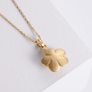 3D golden rose flower pendant necklace in matte stainless steel with delicate O-chain