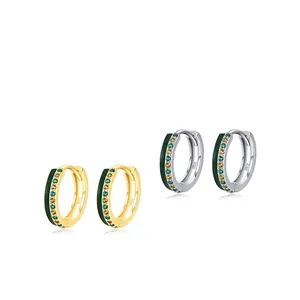 S925 sterling silver hoop earrings with green enamel and colored zirconia stones
