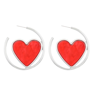 Elegant silver C-hoop earrings featuring vibrant red velvet hearts for women's fashion