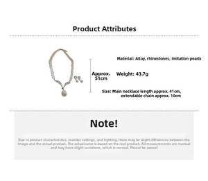Detailed view of rhinestone teardrop pearl jewelry set showing 41cm necklace dimensions