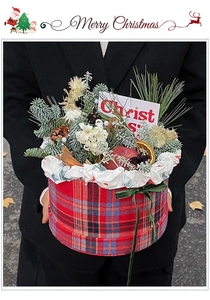 Detail of a red plaid Christmas gift bucket with pine branches and a festive apple