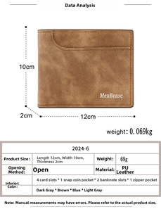 Detailed size chart and internal layout of the men's bifold PU leather wallet