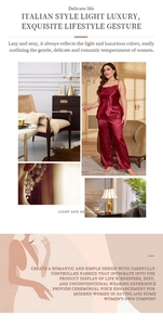 Burgundy silk satin pajama set featuring camisole and long pants in a luxury home setting