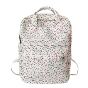 Floral print school backpack for women with pink small flower patterns on beige canvas