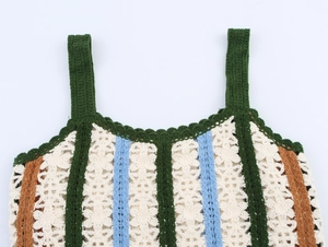 Detailed knit texture of crochet striped camisole showing shoulder straps and neckline
