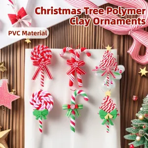 Christmas Tree Hanging Ornament Soft Clay Candy Cane Lollipop Xmas Decoration Colorful Stripe Bow Star Bell Decor