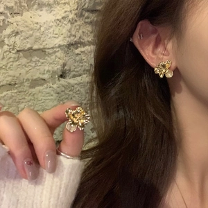 Flower Stud Earrings With Silver Earring Post Alloy Cat Eye Stone Elegant Vintage Style Accessories For Women