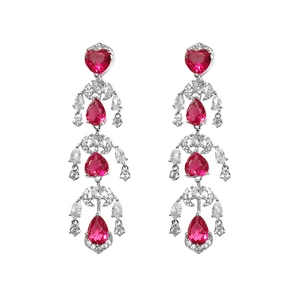 Vintage silver earrings with sparkling red heart and teardrop zirconia pendants