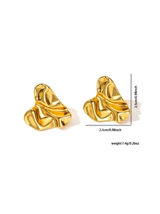 Detail view of irregular gold pleated earrings with size and weight measurements