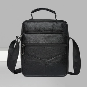 Men Cowhide Leather Shoulder Bag Business Casual Lychee Texture Multi Pocket Messenger Handbag Large Capacity Adjustable