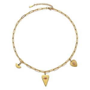 Detail of gold paperclip chain necklace with heart and eye charms on white background