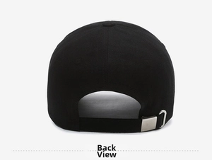 Back view of black cotton baseball cap showing adjustable strap and silver metal buckle