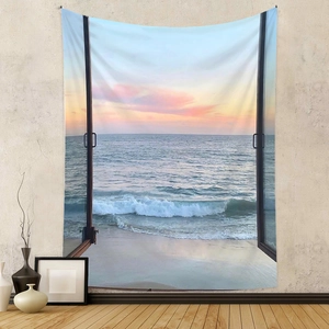 Bohemian tapestry featuring sunset beach window view for wall decor in living room
