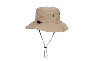 Close-up of khaki quick-dry sun hat showing windproof cord and metal ventilation eyelets
