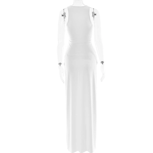 Vue arrière d'une élégante robe longue sans manches blanche avec une coupe ajustée épurée