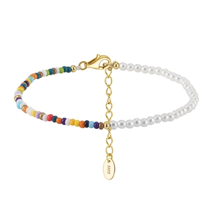 Handmade 925 Sterling Silver Shell Artificial Pearl Multicolor Glass Bead Bracelet Gold Plated Extension Chain Fashion Jewelry For Women
