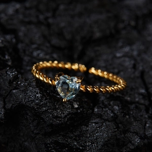 S925 silver gold heart ring with light blue gemstone and twisted adjustable band