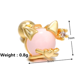 Macro view of gold cat stud earring with pink bead showing 9mm and 7mm dimensions