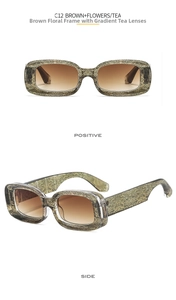 Detail of C12 rectangle sunglasses with brown floral frames and brown gradient lenses