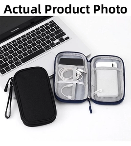Detail of multi-layer digital accessories organizer with mesh pockets and elastic straps
