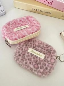 Custodia multifunzione in peluche leopardata rosa con tirante per cerniera in metallo