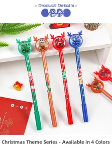 Detail of Christmas reindeer pens with sequins and festive holiday patterns on display