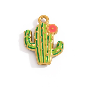 Macro shot of gold-plated cactus pendant with green enamel finish and tiny red flower