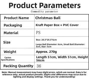 Detailed specifications for Christmas ball set including size, weight, and materials