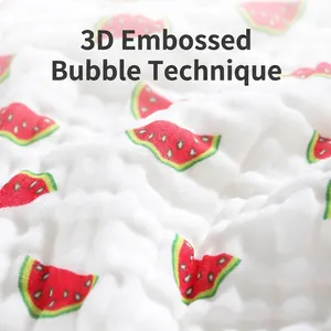 Soft 6-layer cotton baby face towel with 3D bubble texture and red watermelon pattern