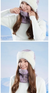 Detail of a purple and beige winter knitted hat and neck warmer set for cold outdoor weather
