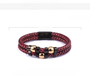 Detail view of double-layer red braided leather bracelet with magnetic clasp and dimensions
