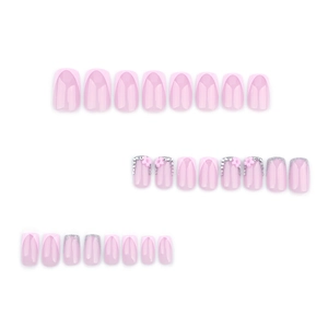 French pink press-on nails set with 3D flowers, rhinestones and silver glitter accents