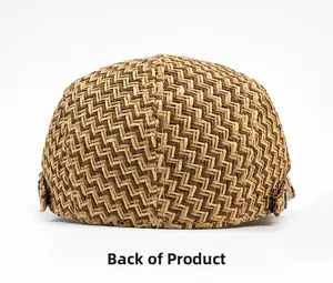 Detailed back view of a camel straw flat cap featuring Z-pattern weave and buckle