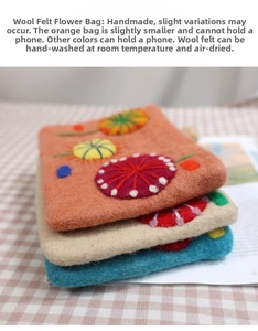 Detailed close-up of handmade felt coin purse with 3D floral embroidery and stitch detail
