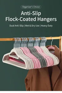 Detail of non-slip flocked hangers in three colors with metal hooks and shoulder grooves
