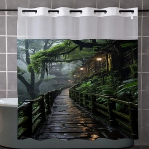 Detail of waffle-textured forest print shower curtain with wood path and warm lights