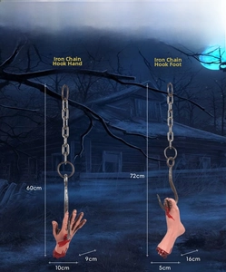 Size chart for Halloween horror props showing bloody hand and foot chains with dimensions