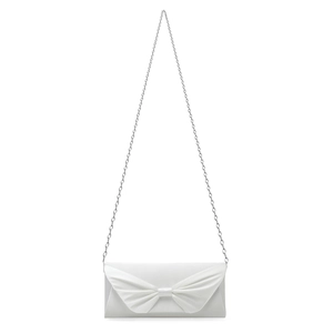 Detail of white satin butterfly clutch bag featuring a long silver chain strap